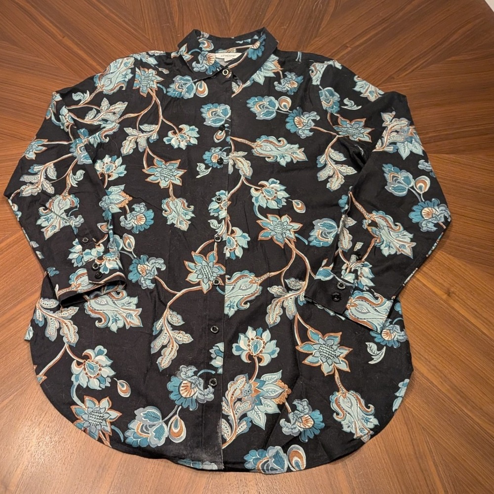 Chico's Button Down Tunic Women 1 M Black Floral Long Sleeve Excellent Collared